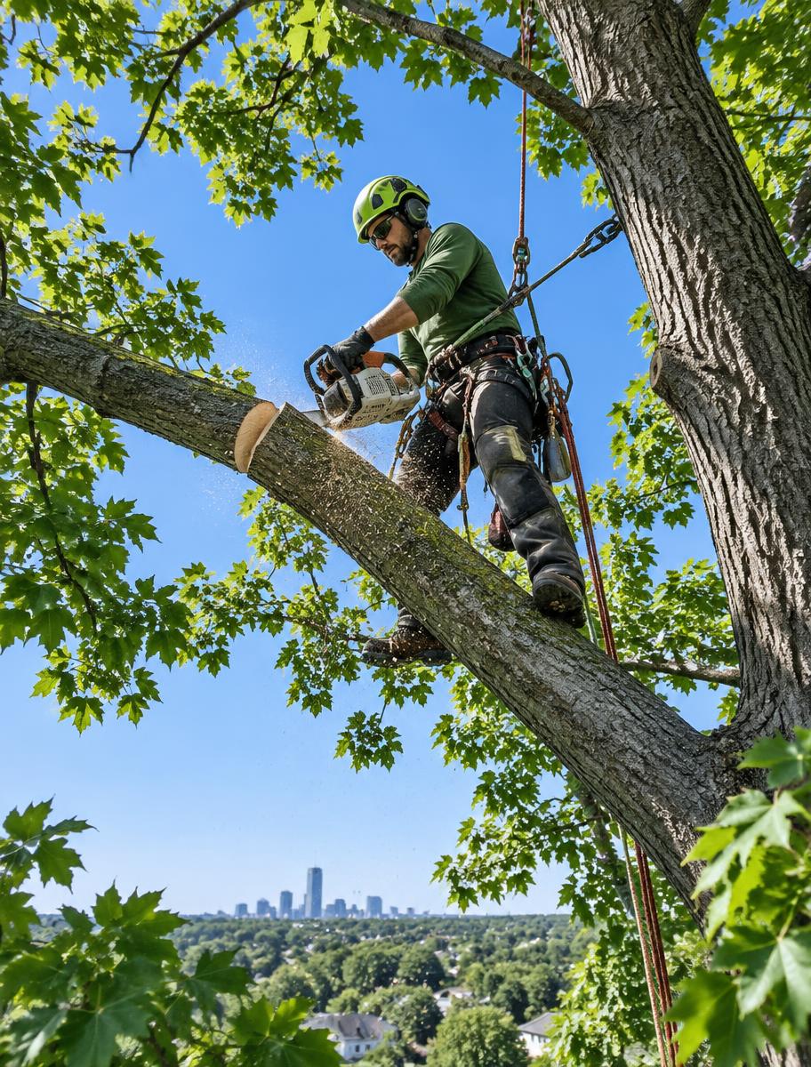 Arborist carefully pruning a mature maple