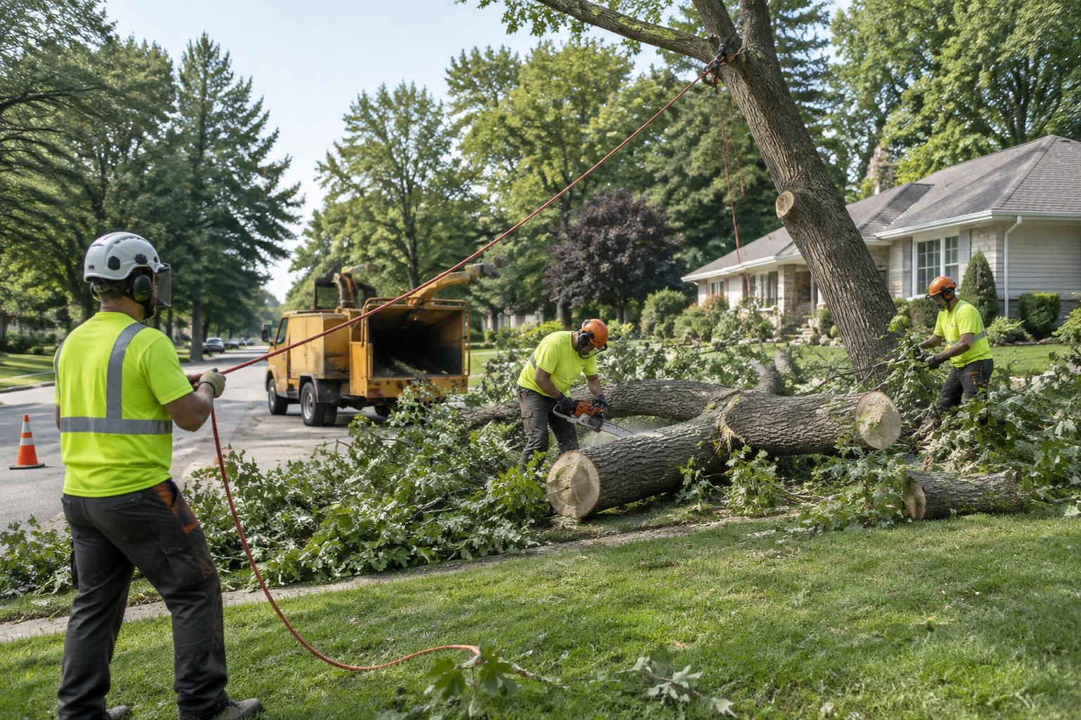 Professional tree crew securing a work zone around a fallen tree