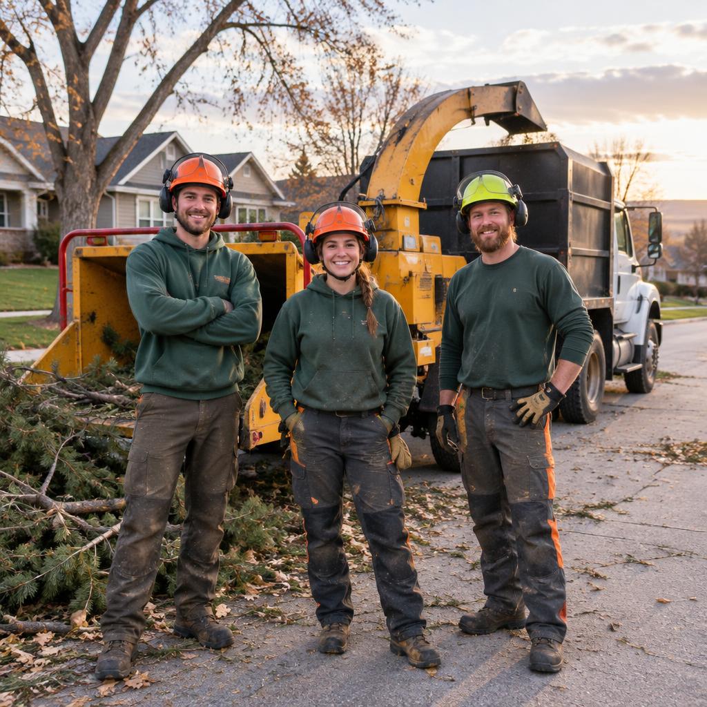 The Grant's Tree Service crew standing with their chipper and truck