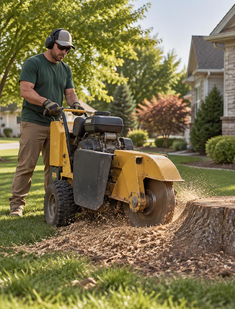 Operator grinding a stump in a residential yard
